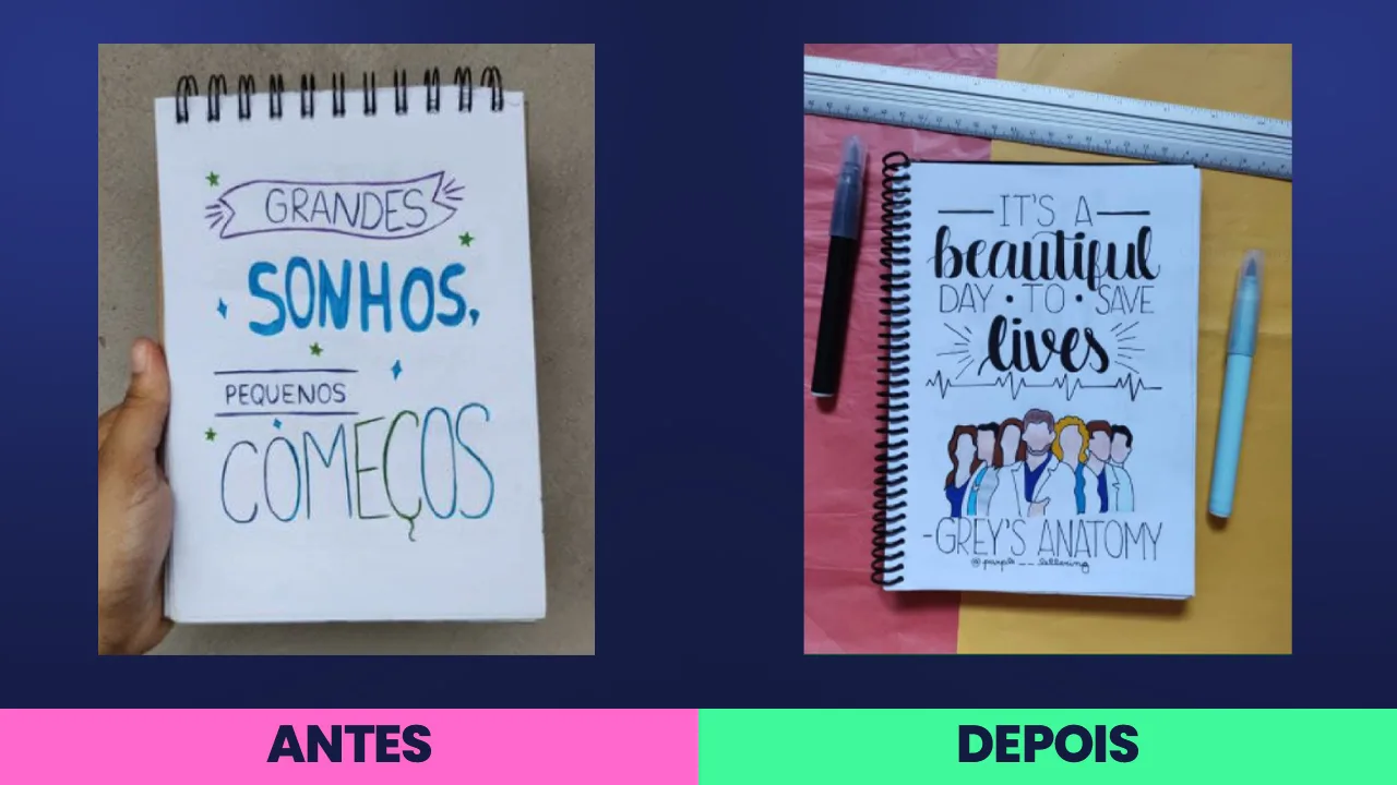 Antes: “grandes sonhos, pequenos começos” em letra chapada, uma cor por linha. Depois: frase com traço de pincel, ilustração pintada à mão e uma linha de batimento cardíaco atravessando.