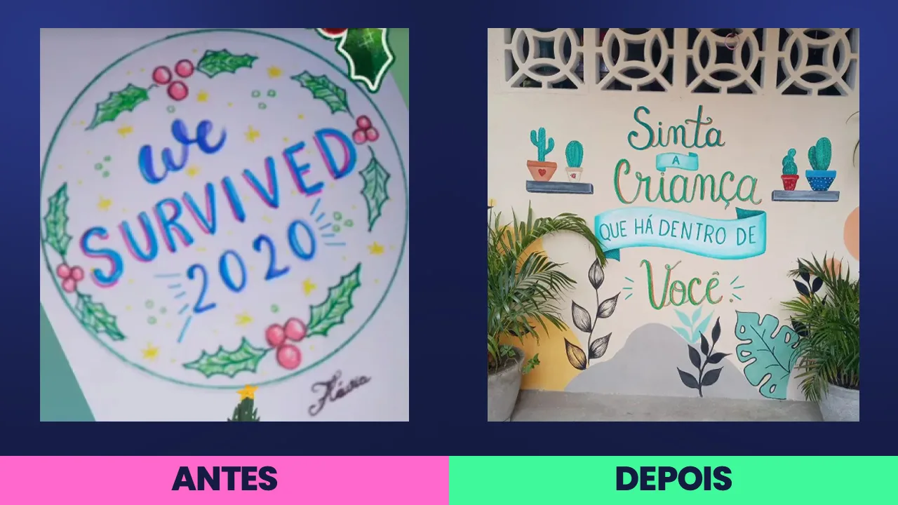 Antes: arte desenhada dentro de um círculo, no papel. Depois: mural pintado num trecho de parede — “Sinta a criança que há dentro de você” — com faixa, cactos em vasos e folhagem.