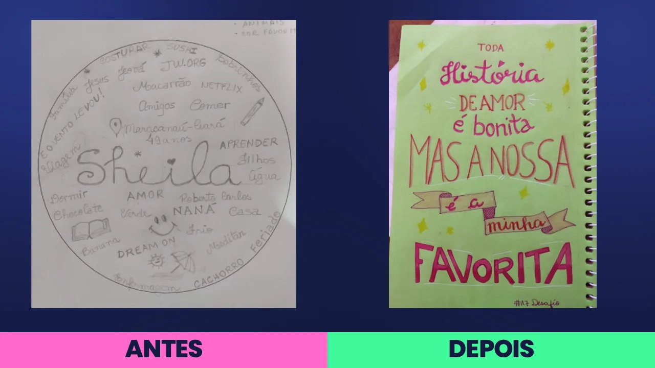 Antes: círculo de palavras escritas a grafite em volta do próprio nome. Depois: papel verde, letra rosa e vermelha com brilho e faixa bege dobrada.